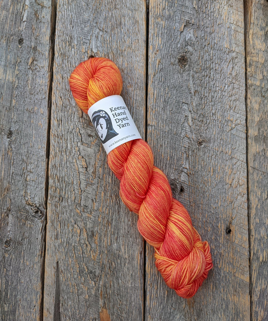 orange hand dyed yarn, sock yarn, twisted skein, Keenan hand dyed, merino yarn, wool yarn, merino nylon yarn