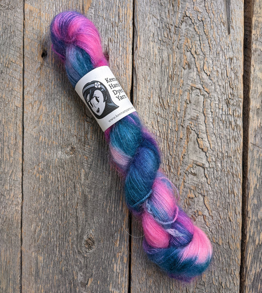 teal colored yarn, pink colored yarn, teal and pink colored yarn, lace yarn, twisted skein, silk mohair yarn, Keenan hand dyed