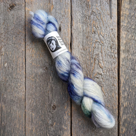 purple speckled yarn, yarn, lace yarn, twisted skein, silk mohair yarn, Keenan hand dyed