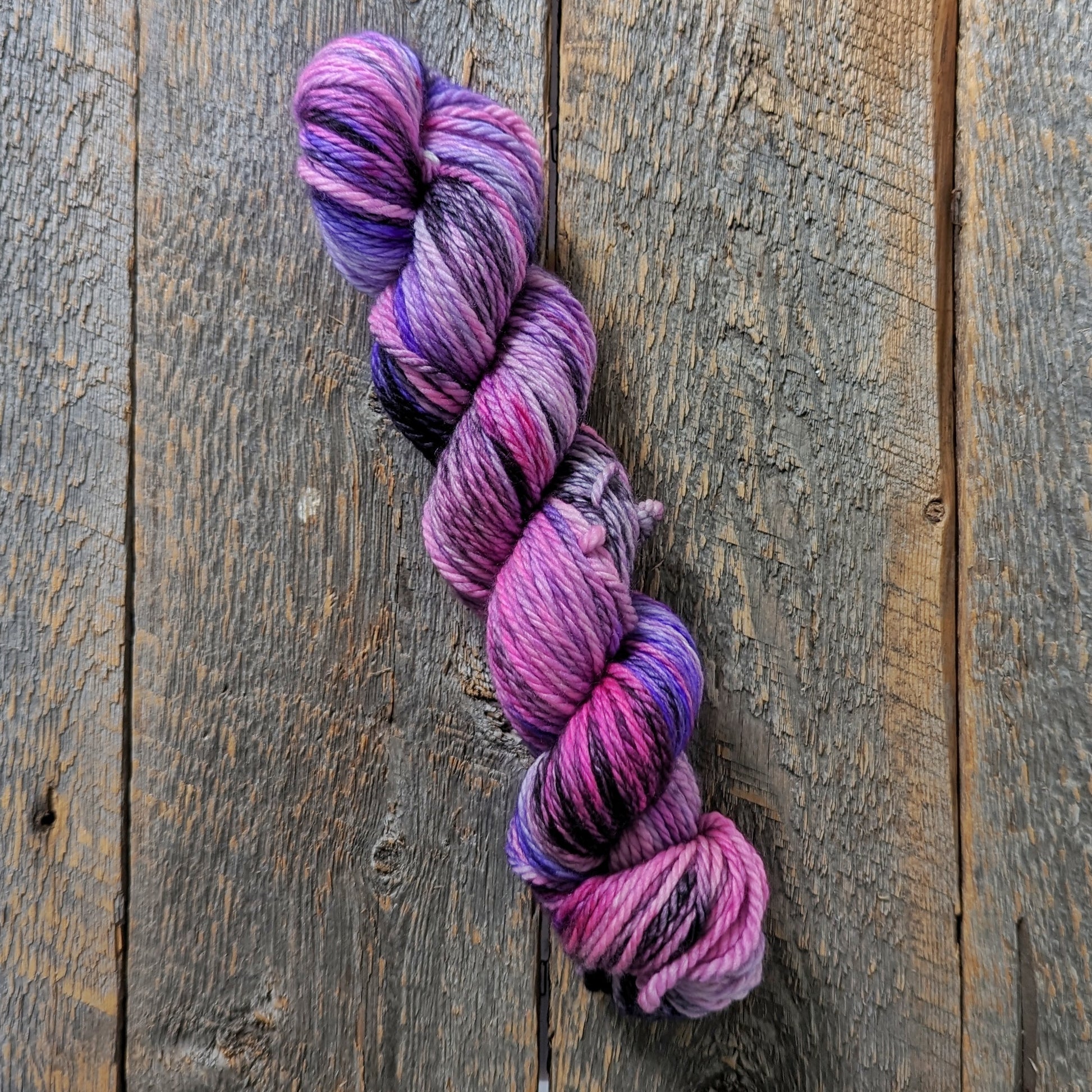 pink hand dyed yarn, black hand dyed yarn, purple hand dyed yarn, bulky yarn, superwash merino yarn
