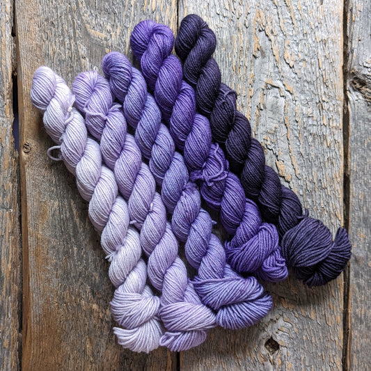 gradient mini set, purple yarn, purple hand dyed yarn, mini skeins, twisted mini skeins, sock yarn, fingering yarn