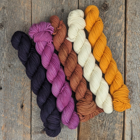 5-50 g skeins of 100% Targhee wool yarn in dark purple, red-violet, copper, natural, and gold