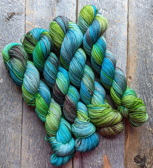 blue hand dyed yarn, brown hand dyed yarn, green hand dyed yarn, sock yarn, twisted skein, Keenan hand dyed, merino yarn, wool yarn, merino nylon yarn