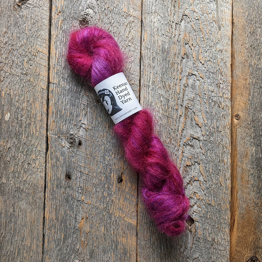 red purpled colored yarn, yarn, lace yarn, twisted skein, silk mohair yarn, Keenan hand dyed