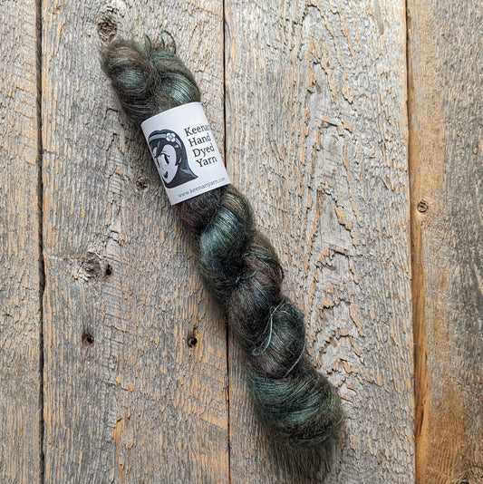 brown green colored yarn, lace yarn, twisted skein, silk mohair yarn, Keenan hand dyed