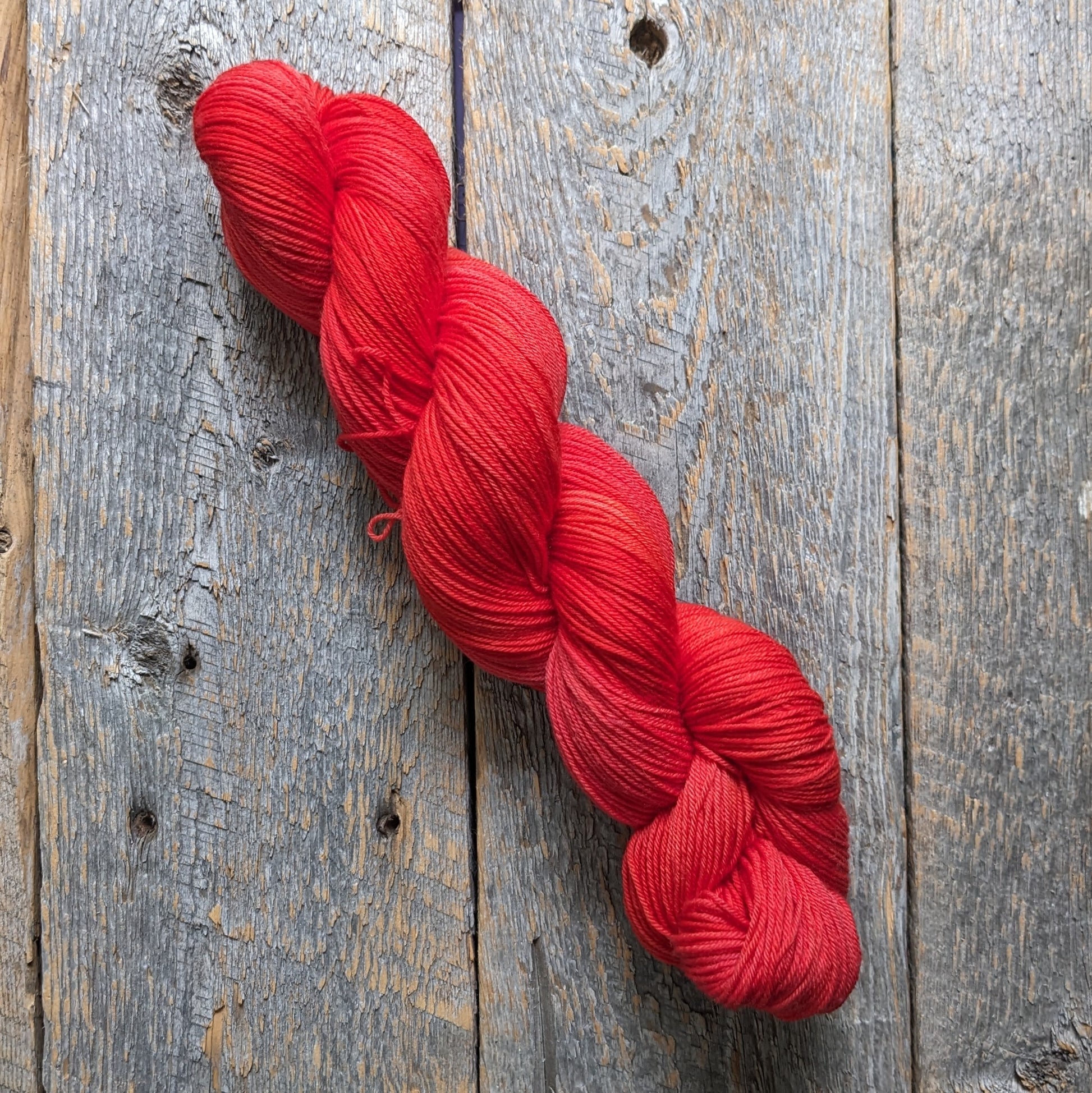red-orange hand dyed yarn, sock yarn, twisted skein, Keenan hand dyed, merino yarn, wool yarn, merino nylon yarn