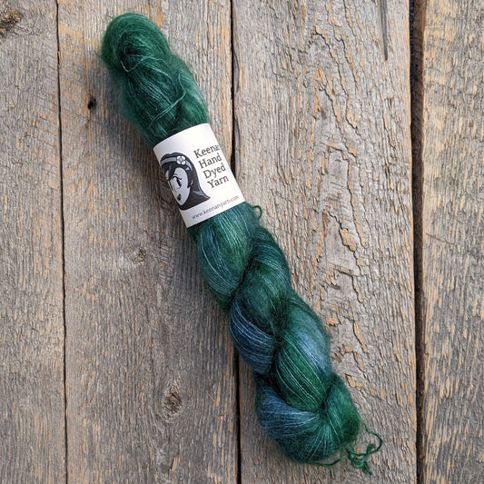 dark green colored yarn, lace yarn, twisted skein, silk mohair yarn, Keenan hand dyed