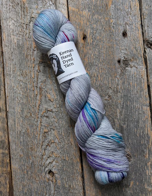 gray hand dyed yarn, speckled yarn, sock yarn, twisted skein, Keenan hand dyed, merino yarn, wool yarn, merino nylon yarn
