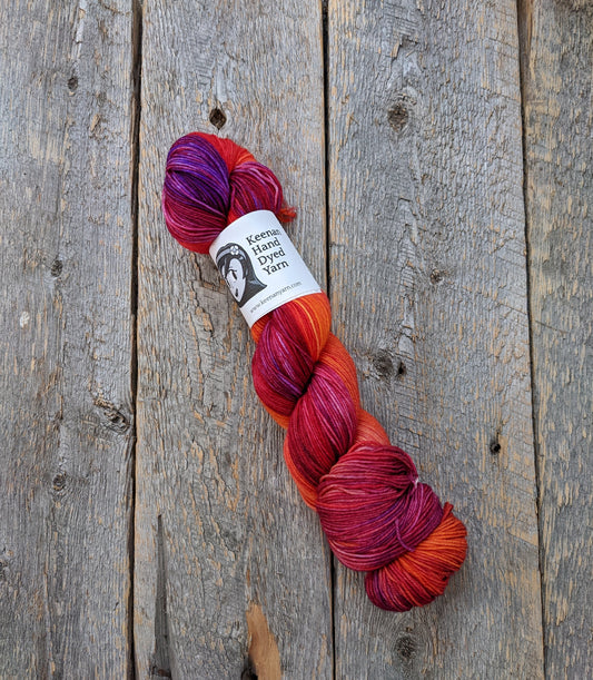 orange hand dyed yarn, red hand dyed yarn, purple hand dyed yarn, sock yarn, twisted skein, Keenan hand dyed, merino yarn, wool yarn, merino nylon yarn