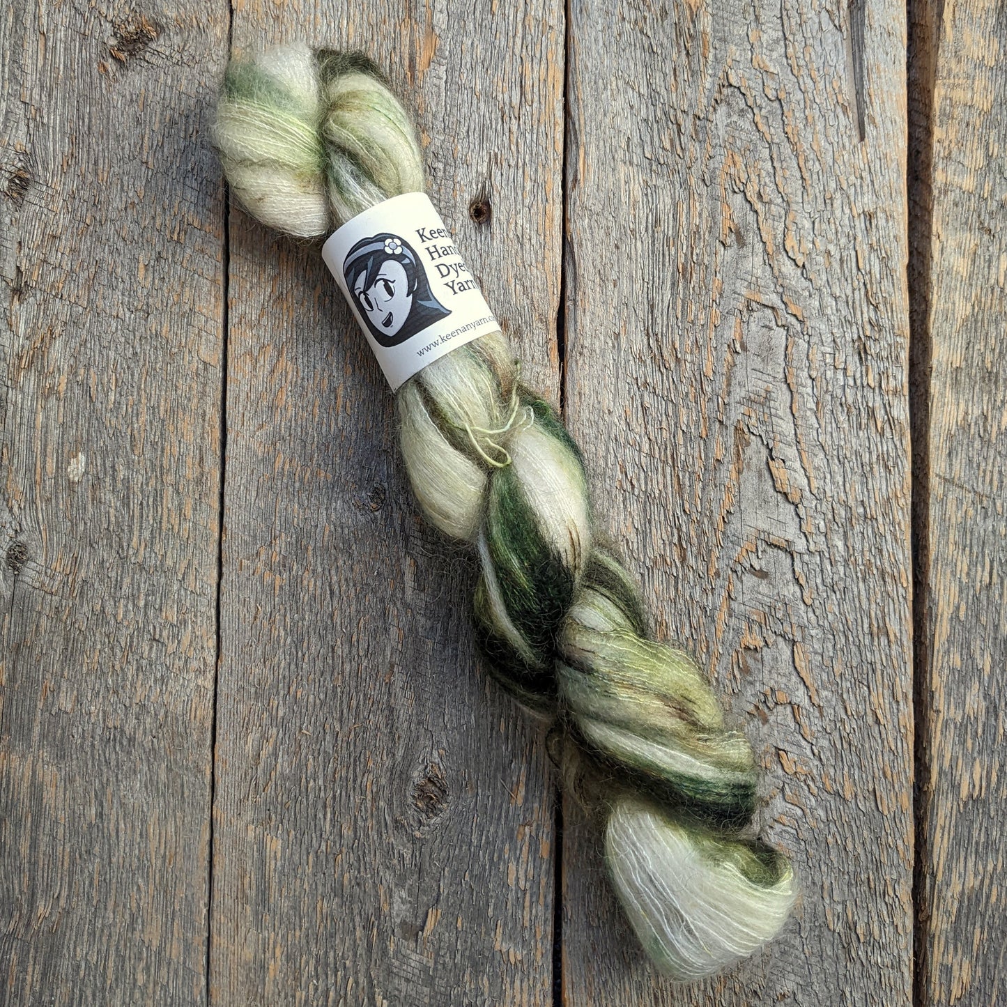 green speckled yarn, speckled yarn, yarn, lace yarn, twisted skein, silk mohair yarn, Keenan hand dyed