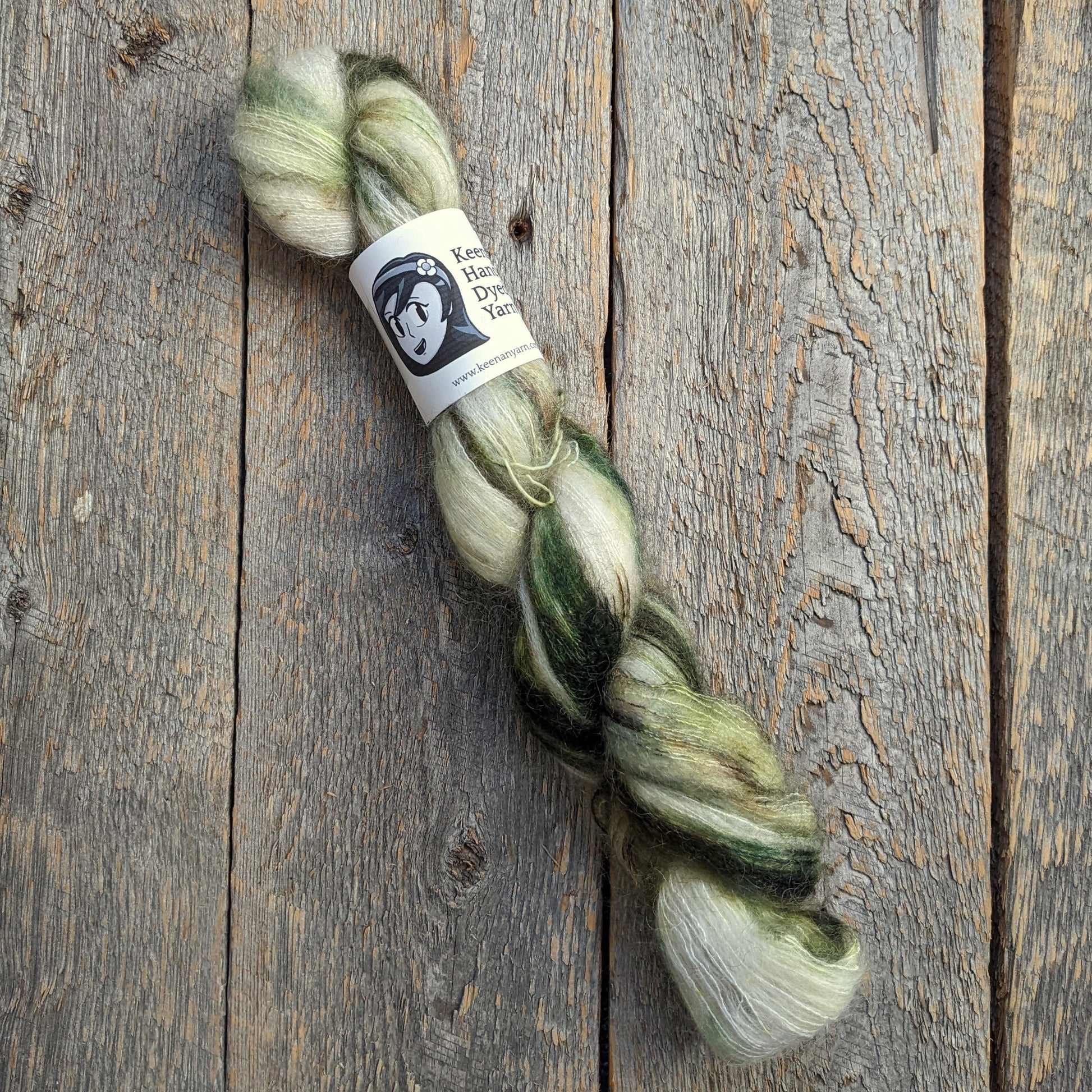 green speckled yarn, speckled yarn, yarn, lace yarn, twisted skein, silk mohair yarn, Keenan hand dyed