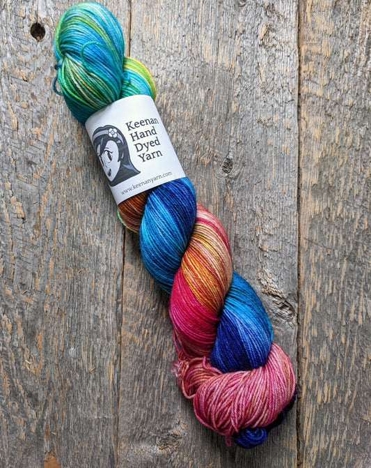 rainbow hand dyed yarn, sock yarn, twisted skein, Keenan hand dyed, merino yarn, wool yarn, merino nylon yarn