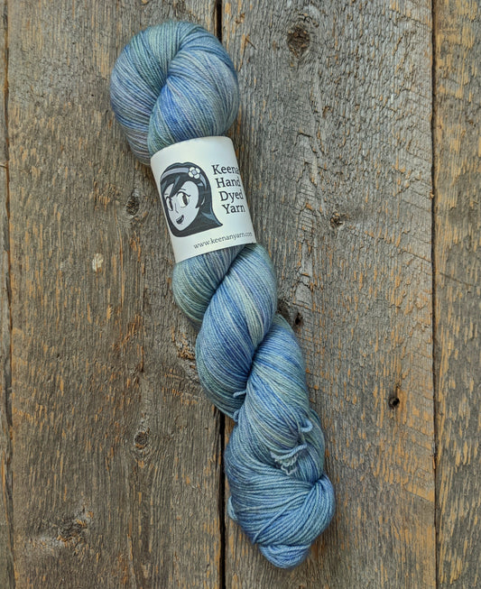 light blue hand dyed yarn, sock yarn, twisted skein, Keenan hand dyed, merino yarn, wool yarn, merino nylon yarn