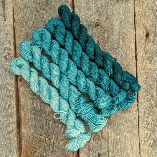 gradient mini set, teal yarn,  mini skeins, twisted mini skeins, sock yarn, fingering yarn, teal hand dyed yarn