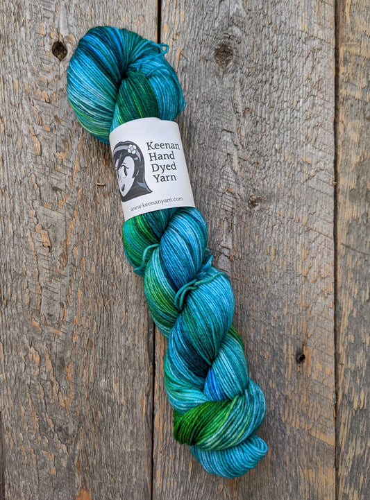 blue green hand dyed yarn, sock yarn, twisted skein, Keenan hand dyed, merino yarn, wool yarn, merino nylon yarn