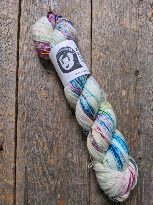 speckled dyed yarn, sock yarn, twisted skein, Keenan hand dyed, merino yarn, wool yarn, merino nylon yarn