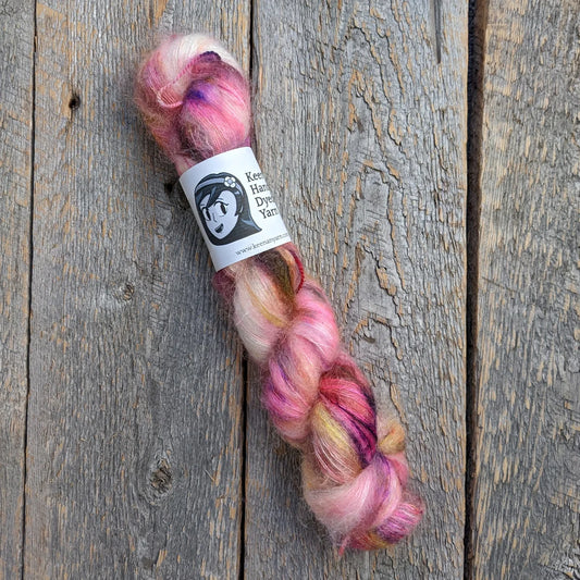 pink colored yarn, speckled yarn, yarn, lace yarn, twisted skein, silk mohair yarn, Keenan hand dyed